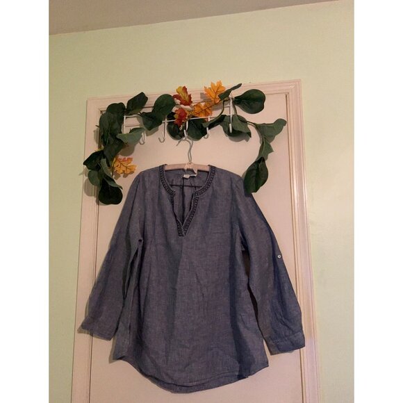 Artisan NY 1X 100% Linen Tunic Top Blue Long Sleeve Embroidered Boho Peasant Blo - Picture 2 of 13